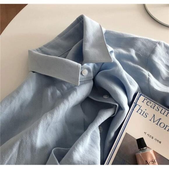 Womens Chic Button Down Rolled-Up Sleeve Long Cotton Blouse Maxi Dress - Picture 12 of 14